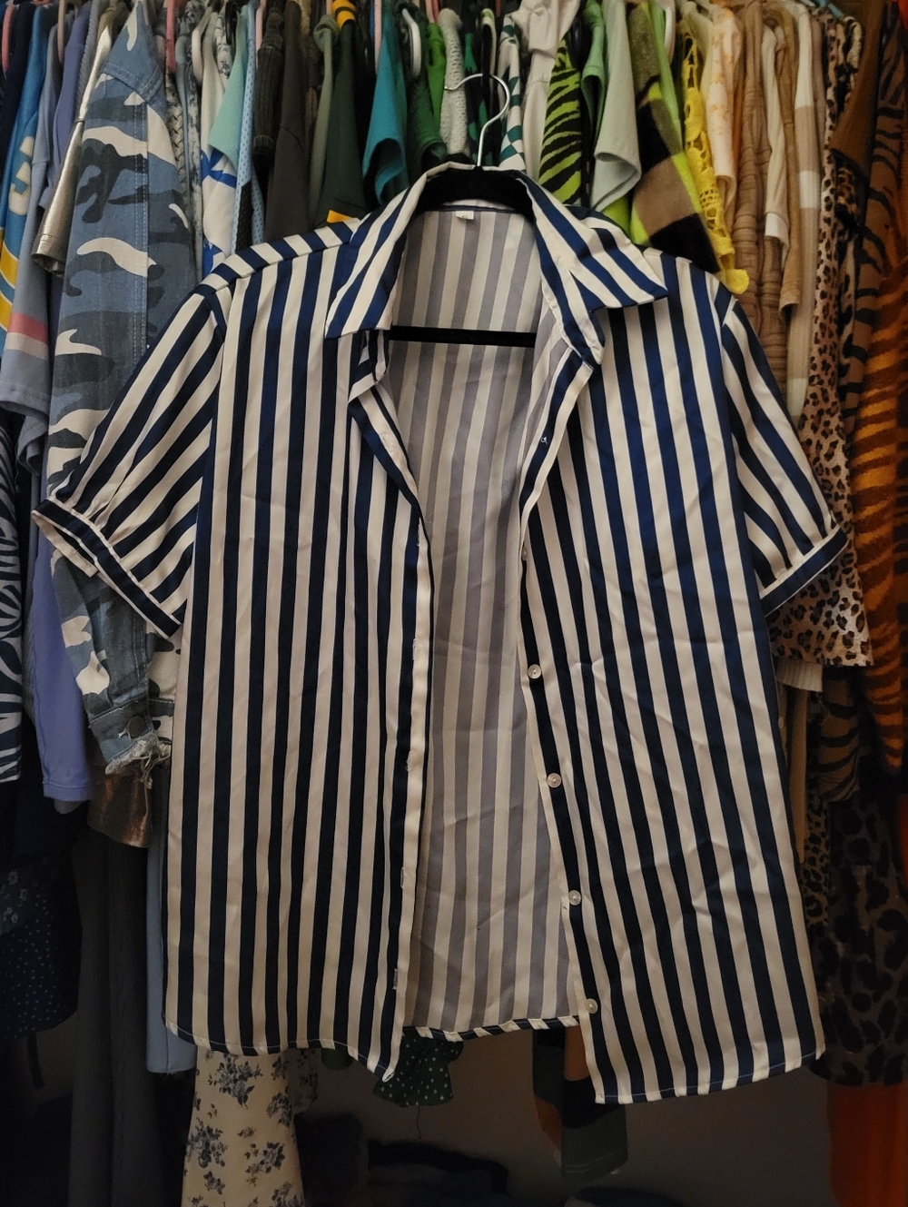 SHEIN Navy and White Vertical Stripe Button-Up Blouse